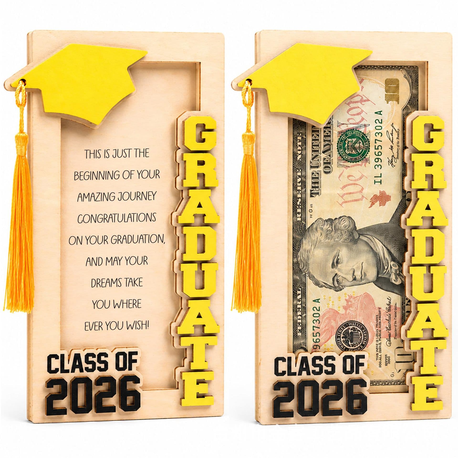 2026 Graduation Season Wooden Photo Frame with Graduation Cap Tassel Money Clip, Holds Photos and Cash, Graduation Memorial Party Supplies