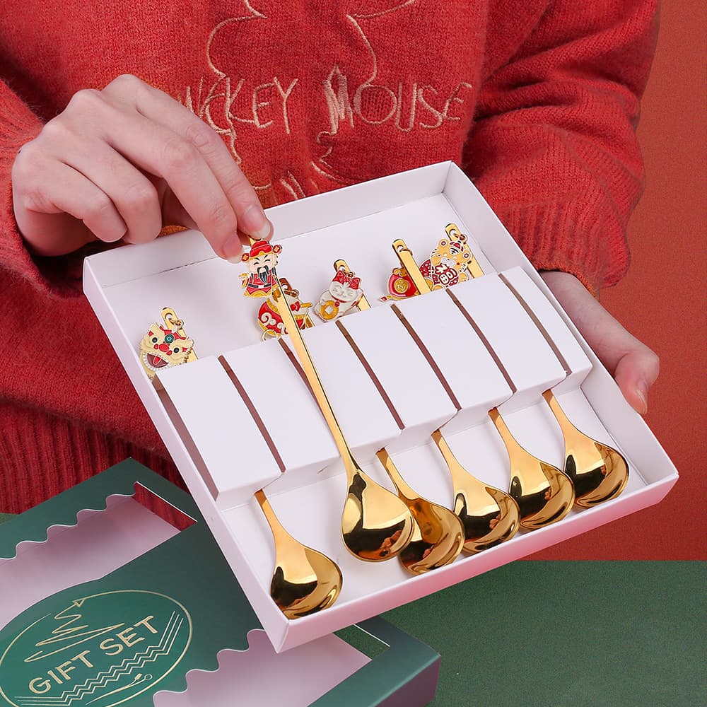 Q Cartoon New Year Spoon Fruit Fork God of Wealth Golden Doll Spoon Cute Lucky Cat Spoon Snake Year Tableware