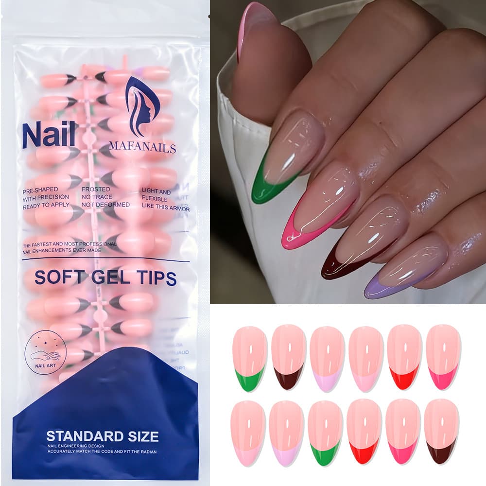 Best-selling 144-piece European and American minimalist colored French press-on nails, almond-shaped removable nail tips
