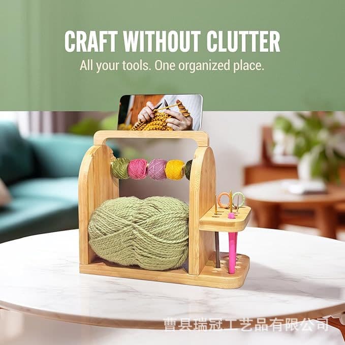 Wooden Yarn Holder Crochet Knitting Storage Rack with Phone Stand Rotating Spool Rack