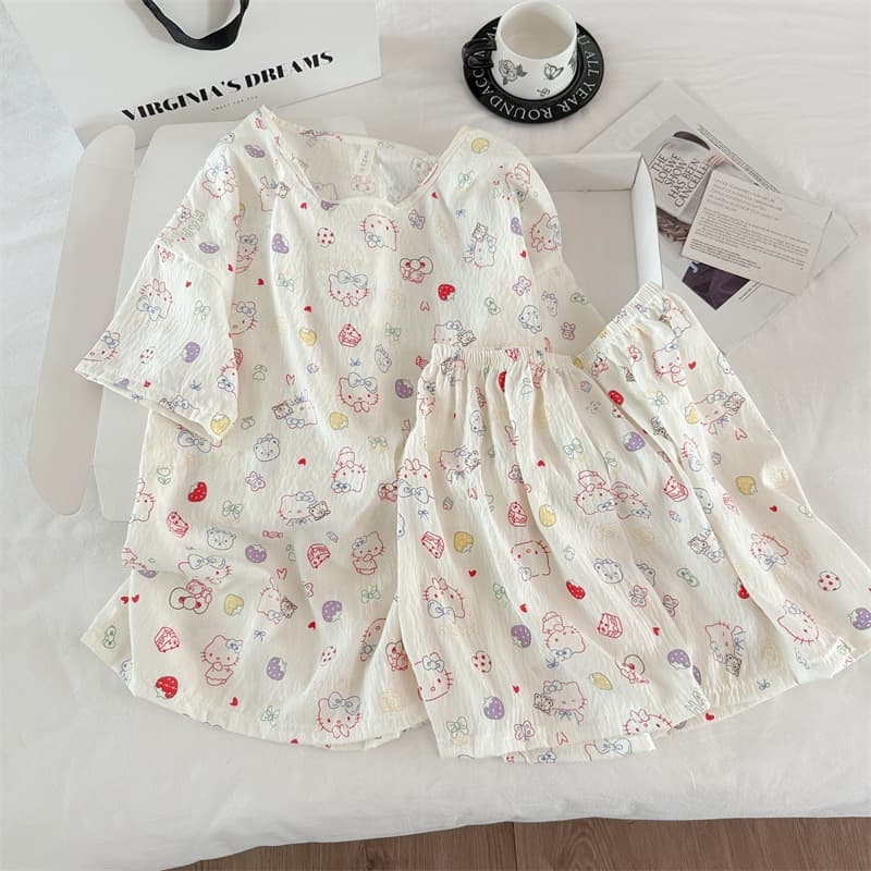 Factory Direct Women's Summer Pajamas Korean Cartoon Cute Sweet Student Print Round Neck Cloud Cotton 2-Piece Set