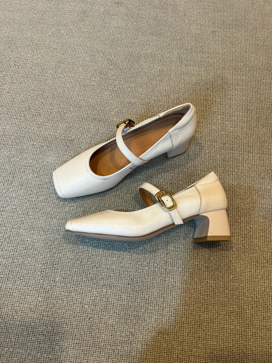 Lambskin version ~ French square toe chunky heel Mary Jane shoes with one-strap buckle, elegant high heels for women.