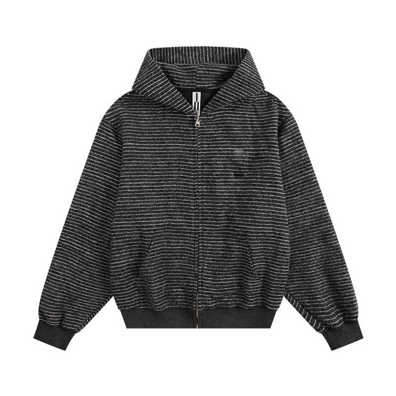 American Retro Zip-Up Hoodie for Men and Women, Unisex Striped Cardigan, Loose Fit Casual Hooded Sweatshirt for Spring and Fall