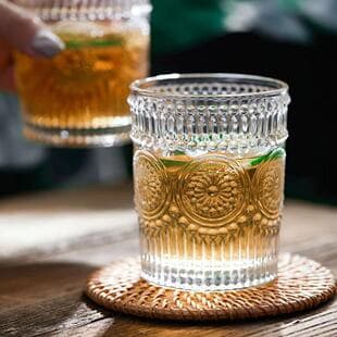 Sunflower Glass Water Cup Vintage Embossed Cup Home Ins Style Coffee Cold Drink Cup Gold Rim Milk Breakfast Cup
