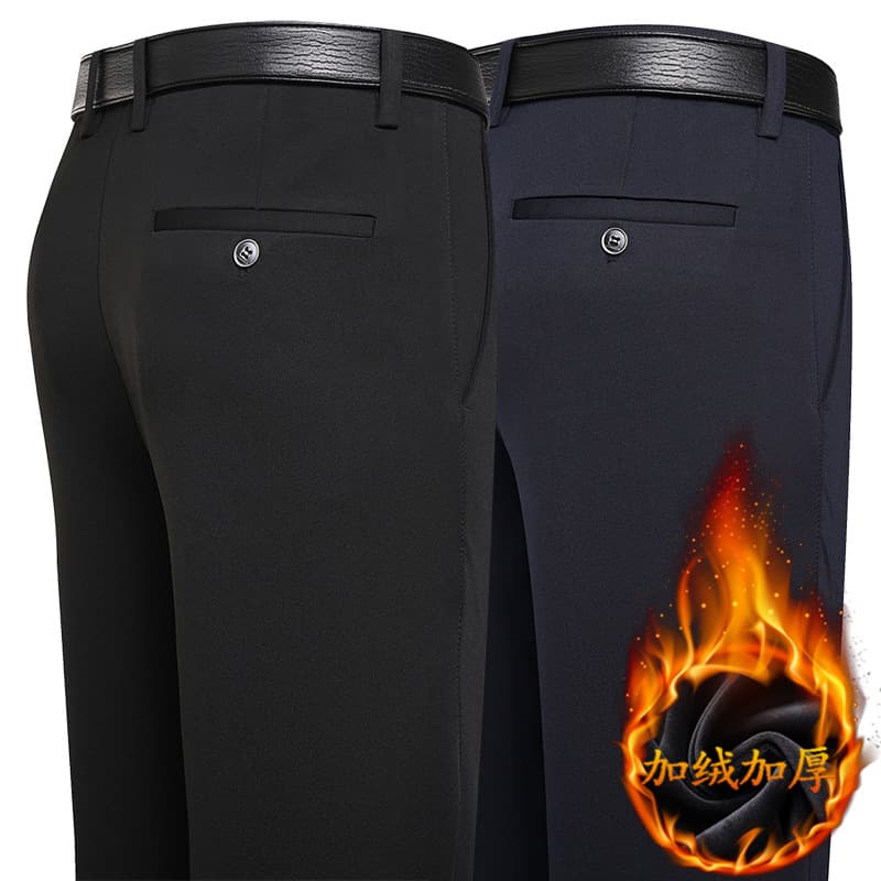 Autumn/Winter Fleece-Lined Casual Pants for Men, Thick Straight Leg Pants, Slight Stretch, Business Middle-Aged Four-Way Stretch Knit Trousers