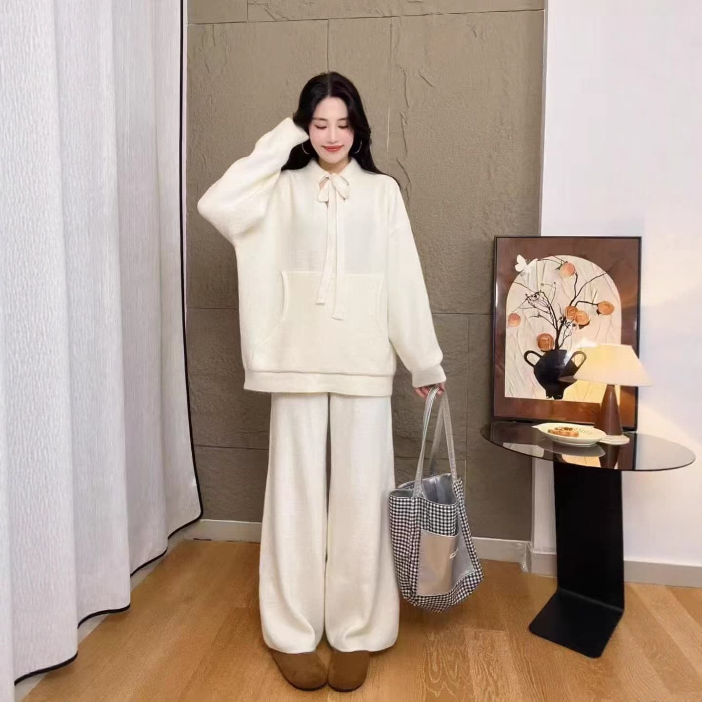 Plus Size Women's 2025 Fall/Winter Matching Set Lazy Style Tie Knit Top High Waist Wide Leg Pants Two-Piece Set