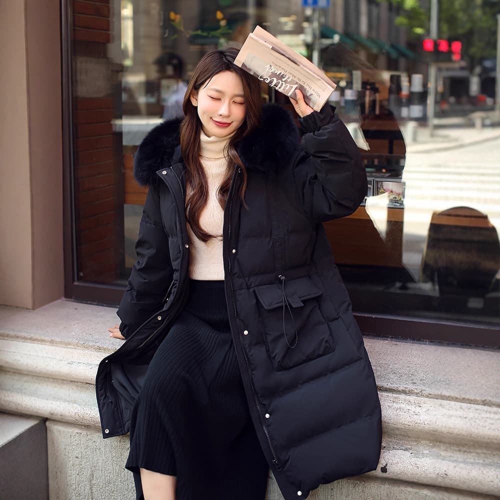 2025 New Style Curvy Sister Extra Large Size Women's 200 Jin Slim-Fit Waist Fox Fur Collar Long Puffer Trendy 218