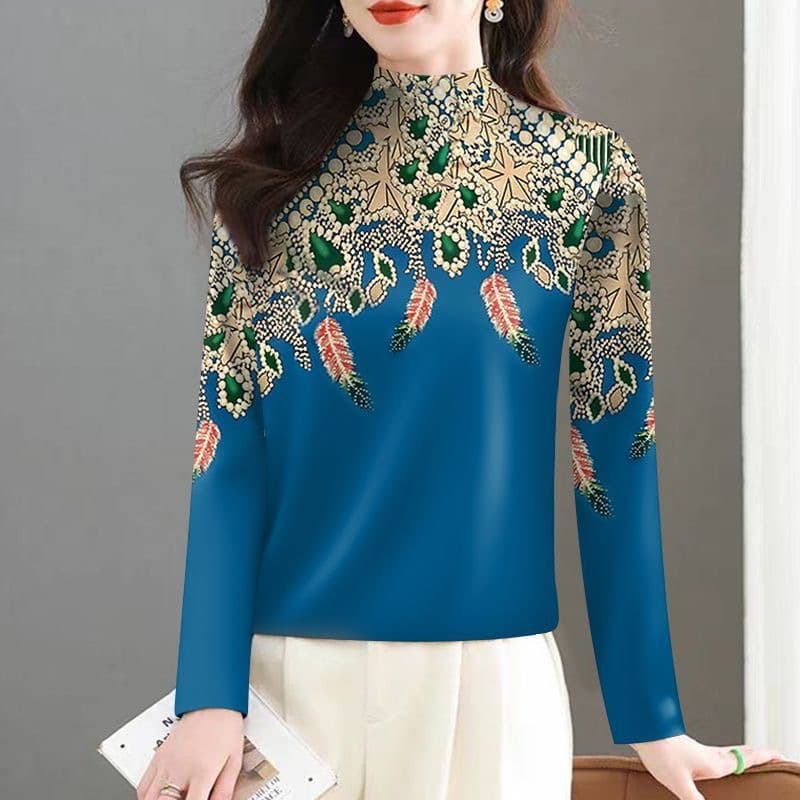 Women's Long-Sleeve Thermal Fleece-Lined Half-Turtleneck Printed Base Layer T-Shirt, High-Waist Concealing Top for Middle-Aged and Elderly