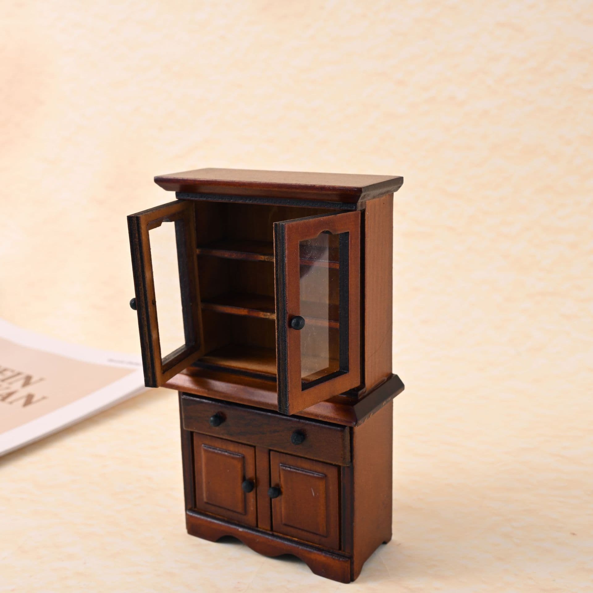 1:12 Mini Dollhouse Double Door Walnut Cabinet Miniature Kitchen Study Vintage Cabinet