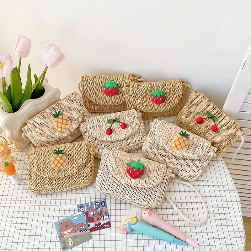 Baby Bags Summer Kids Bag Cute Straw Woven Bag Strawberry Cherry Girls Crossbody Bag Vacation Phone Bag