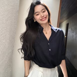 Navy Blue Lightweight Simple Loose Lyocell Linen V-Neck Half Sleeve Shirt Women Relaxed Commute Top