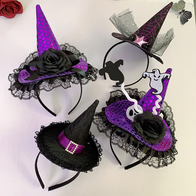 Halloween witch headband with lace trim and large sequins, popular party atmosphere prop