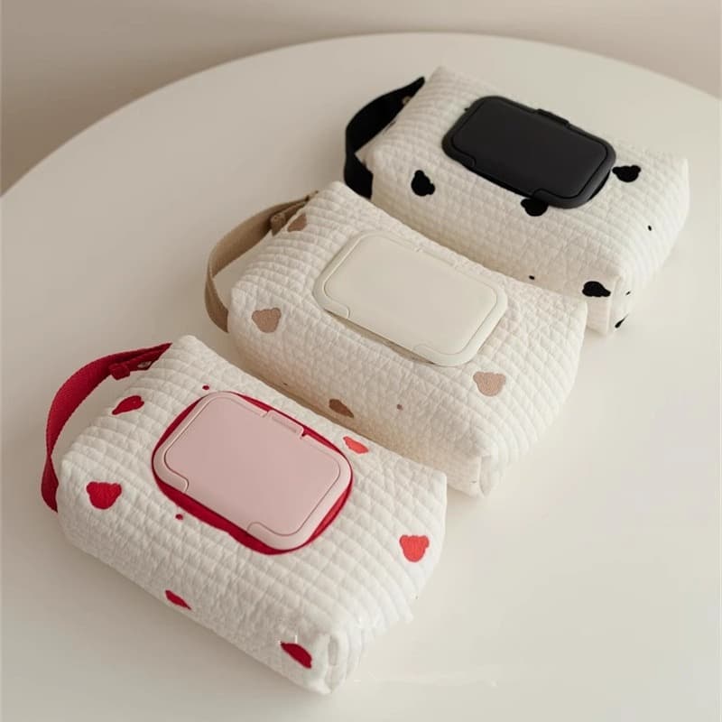Korean Ins Embroidered Little Bear Baby Pure Cotton Wet Wipe Bag, Stroller Hanging Bag, Portable Outing Car Tissue Box