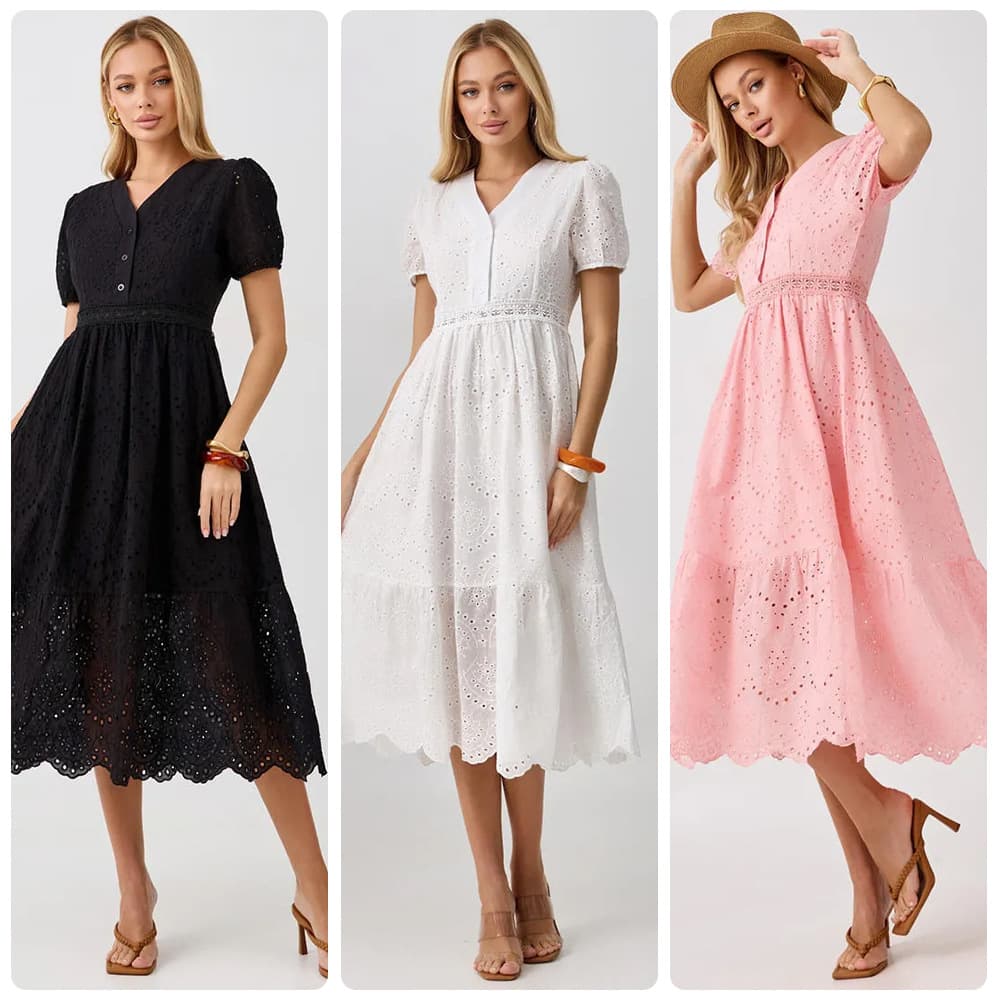 Solid color French casual hollow long skirt women's hollow embroidered V-neck puff short-sleeved mid-length dress for women