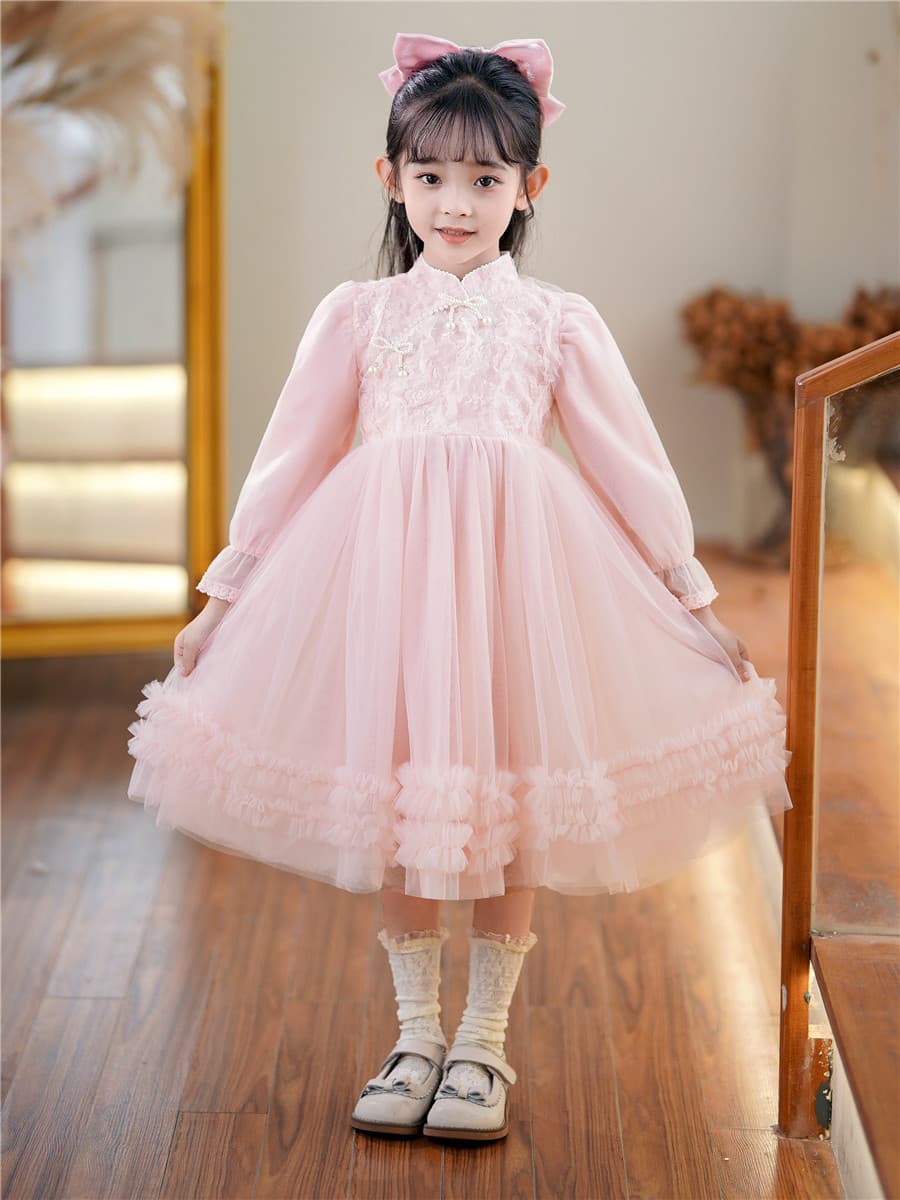 Girls' Spring Dress New Chinese Style Cheongsam Stand Collar Children's Gown Princess Dress Baby Fleece-Lined Stylish Tulle Skirt