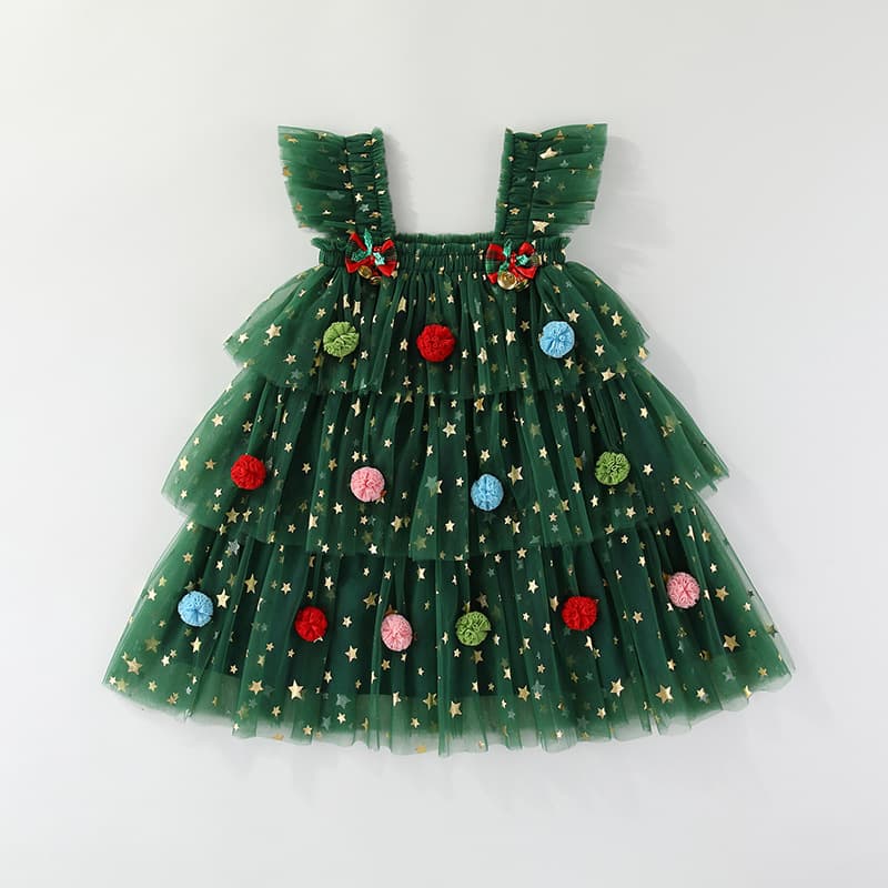 European and American Holiday Dress Puff Sleeve Cake Skirt Mesh Skirt Suspender Christmas Tree Dress Christmas Dresses