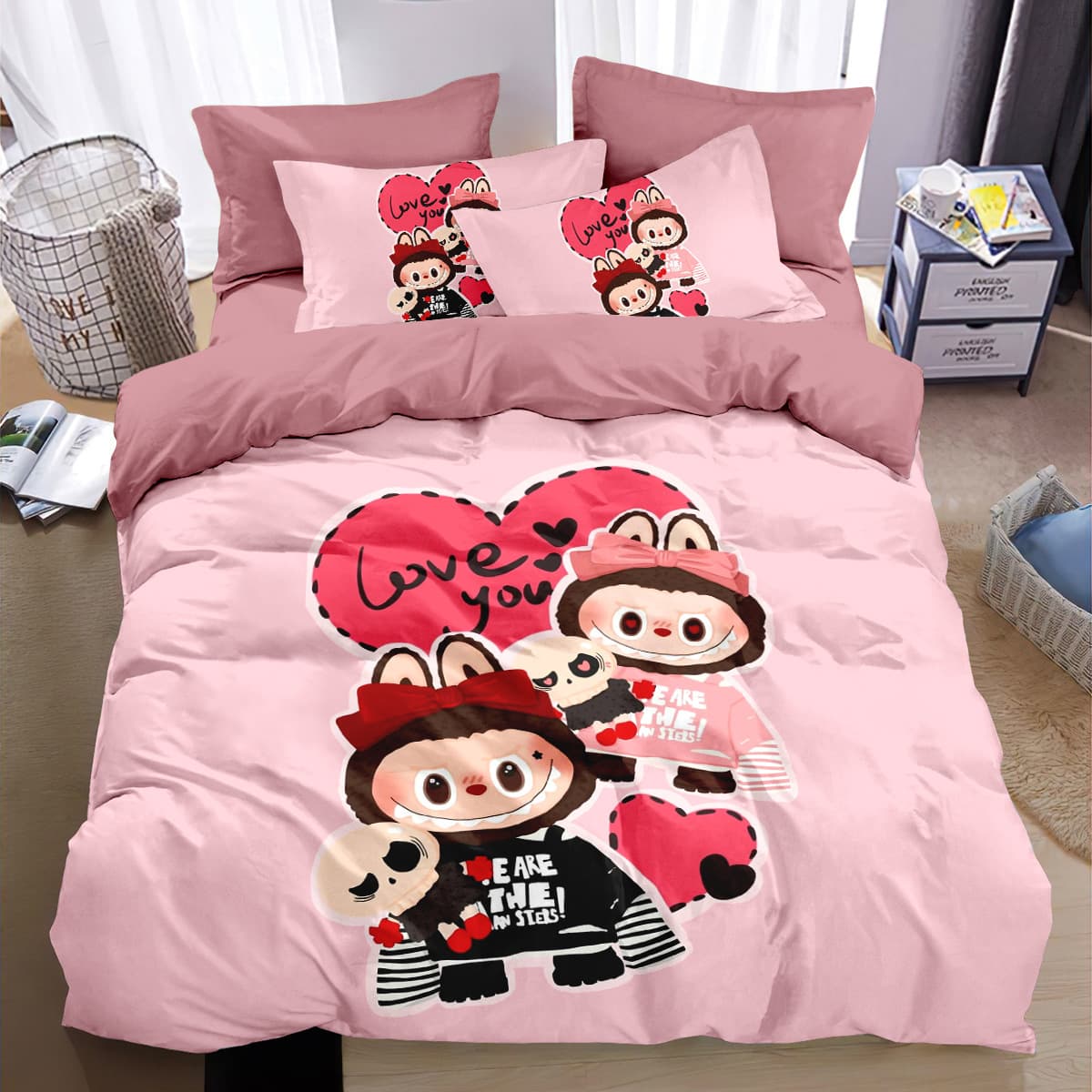 Labubu Pure Cotton Bedding Set 4-Piece, Kids Cute Fitted Sheet, Couple Duvet Cover, Cartoon Bedding
