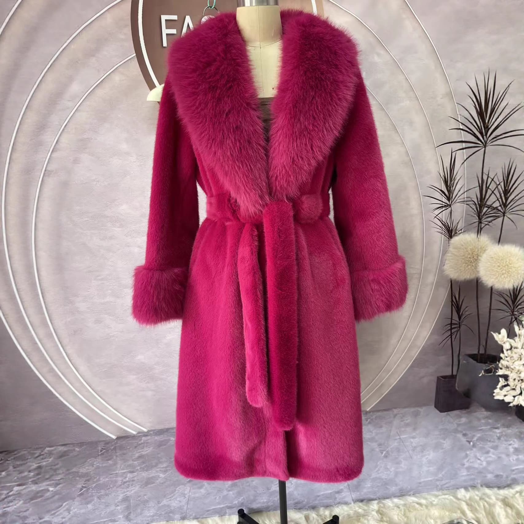 New Mink Fur Coat Fur Integrated Outerwear Mid-Length Stylish Faux Fox Fur Collar Winter Coat