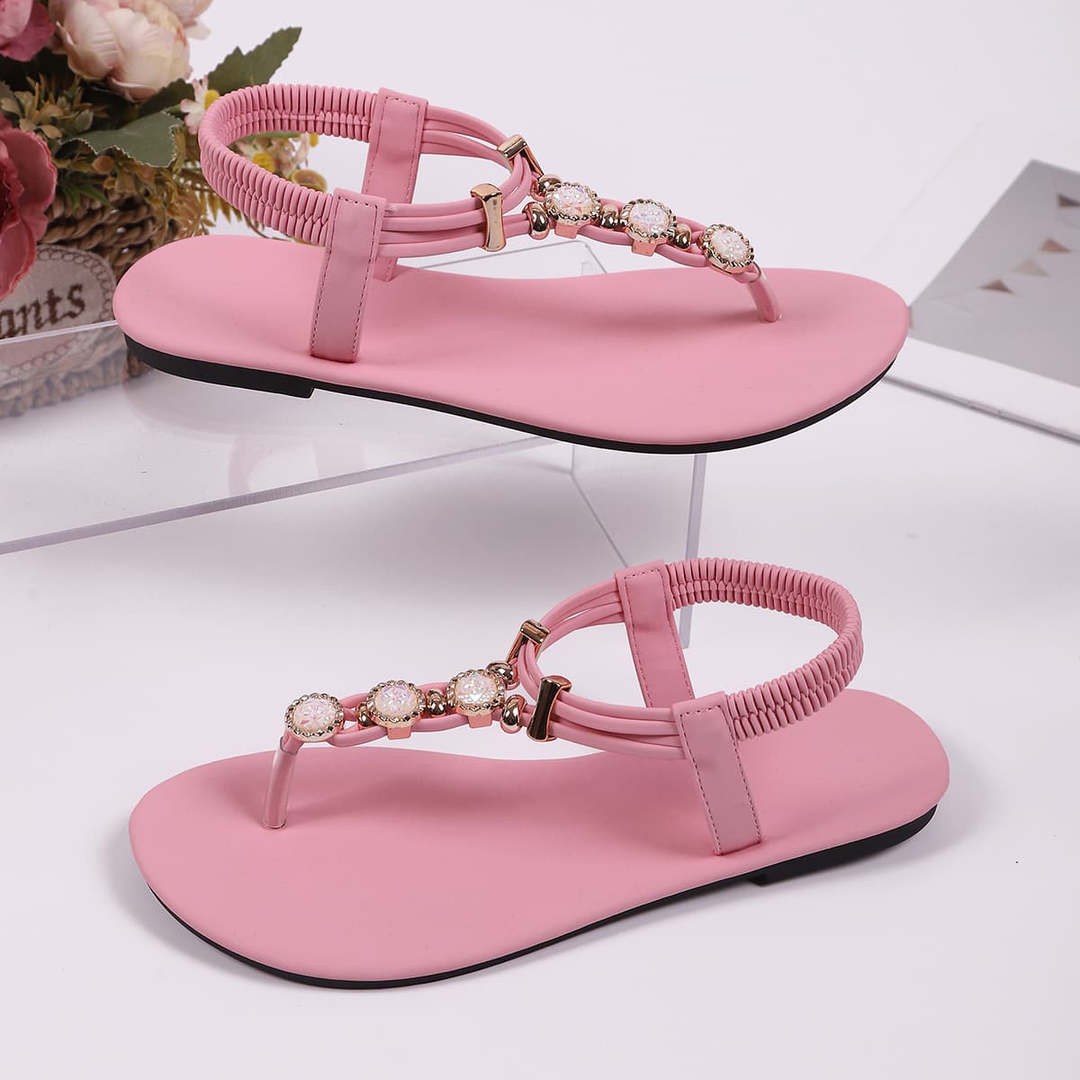 Factory Direct Chic Beach Fairy Style Plus Size Flat Round Toe Ethnic Handmade Beaded Women's Sandals