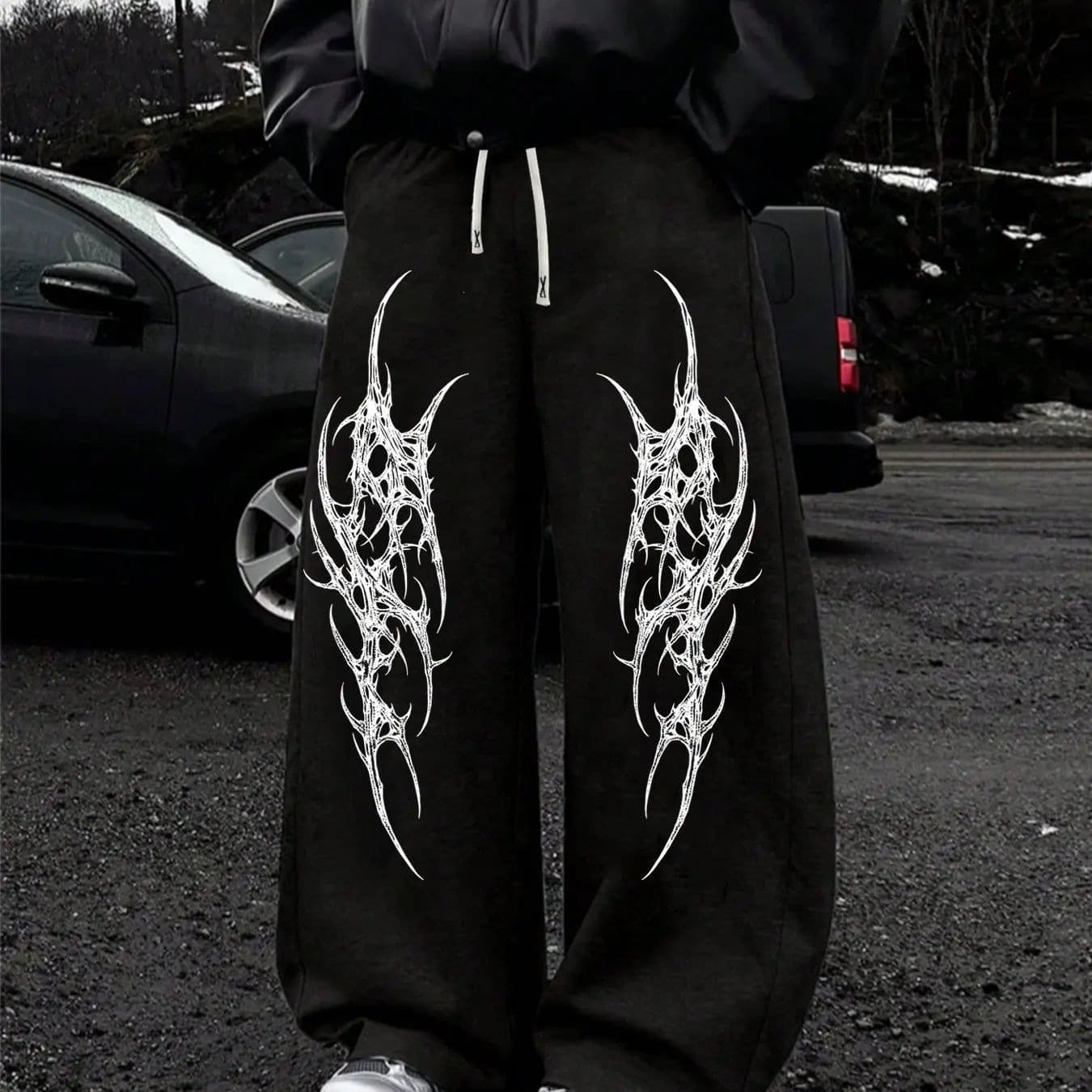 New spring and autumn Y2K dark gothic print loose slimming men's and women's lace-up sweatpants wide-leg sweatpants