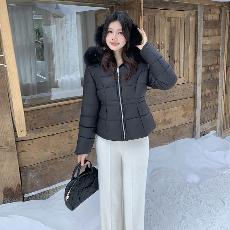 Korean-style Solid Color Big Fur Hooded Padded Coat for Women 2025 Autumn/Winter New High-waist Short Warm Jacket