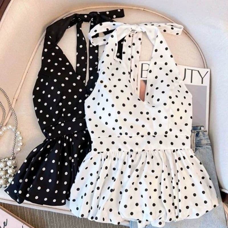New niche polka dot printed halterneck camisole women's summer sweet girl style waist-cinching fluffy flower bud top