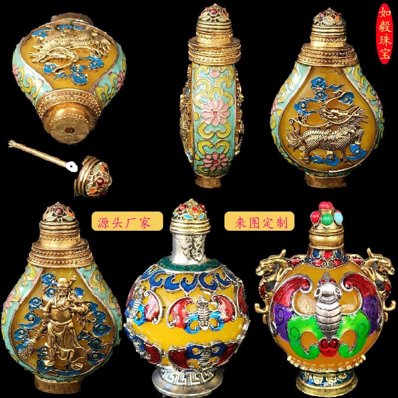 Wholesale Antique Imitation Snuff Bottle Crafts Copper Aged Inlaid Gemstone Snuff Bottle Decoration Live Stream Street Stall