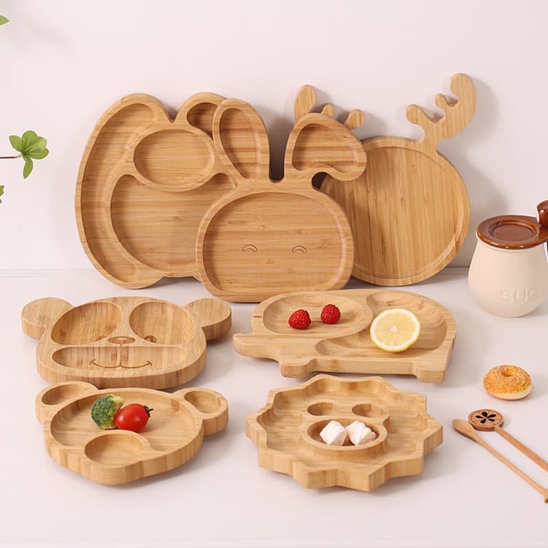 Bamboo baby food plate, compartmentalized animal tray, household fruit snack plate, snack dish, creative cartoon meal tray
