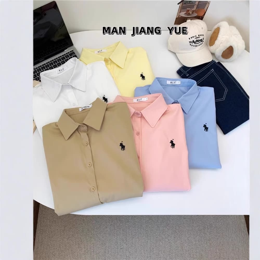 Dopamine Korean-style Small Horse Embroidery Polo Collar Shirt for Women Spring/Summer New Trendy Design Loose Casual Blouse