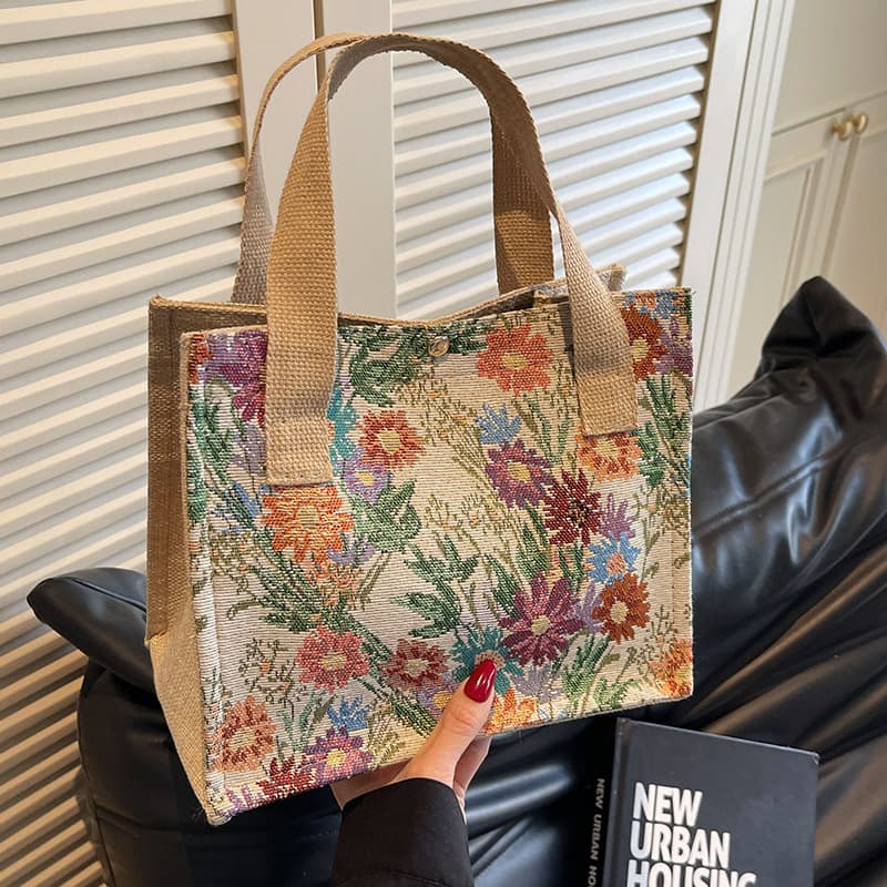Medium linen floral bag for women 2025 new niche storage bag for women ins style versatile shoulder handbag