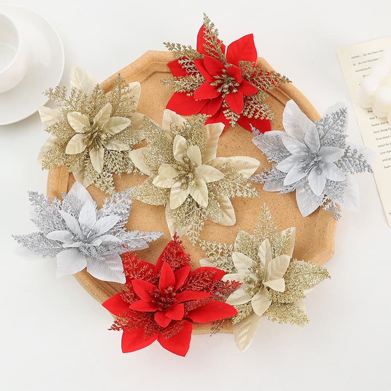 Lubei Cross-border Hot-selling Gold Powder Christmas Flower Head Christmas Tree Wreath Decoration Pendant Double-layer Gold Powder Flower Head