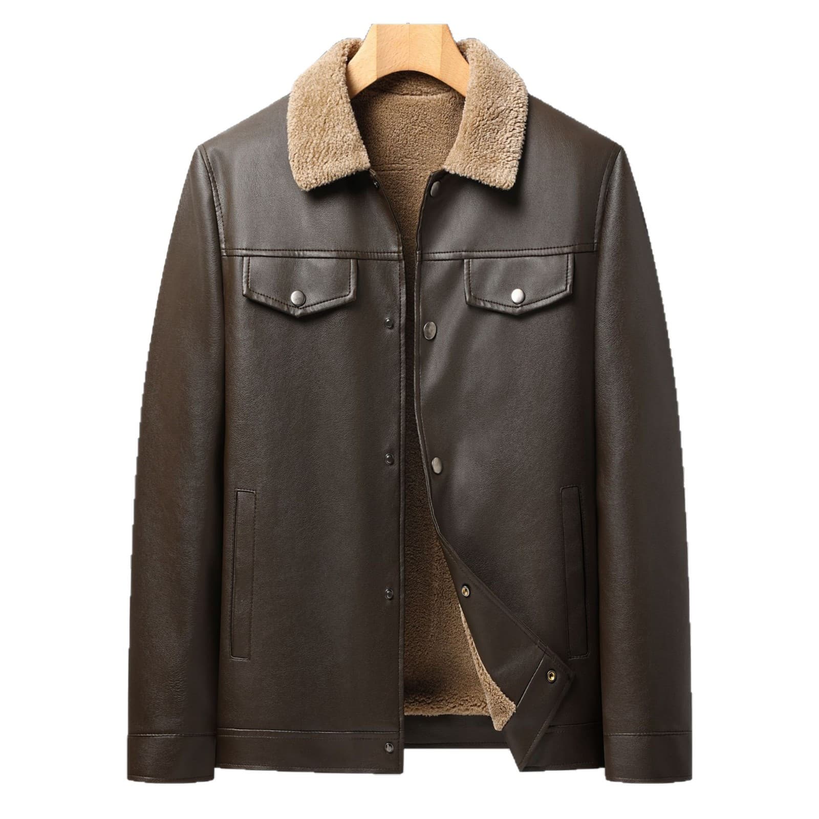 Best Price Online Winter Lined Thickened Lapel PU Short Jacket Leather Coat for Men, Fashionable Casual Versatile Minimalist