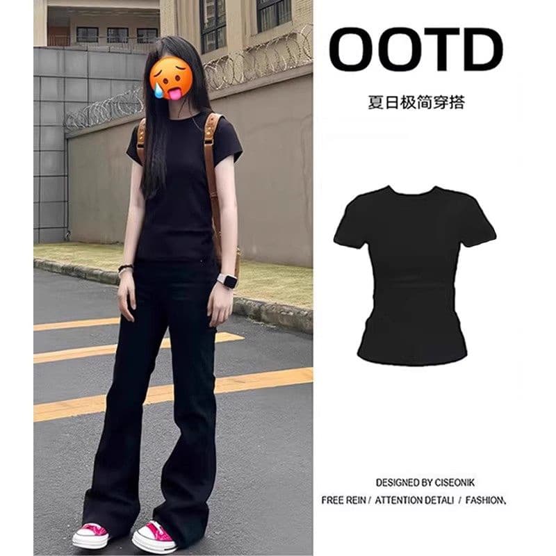 Black Regular Shoulder Short Sleeve T-Shirt for Women Summer Fitted Top Waist-Tightening Slim 2026 New Style Tight American Chic Outfit