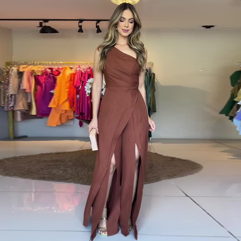 2024 summer new European and American Amazon cross-border solid color sexy slanted shoulder slim slit splicing jumpsuit culottes
