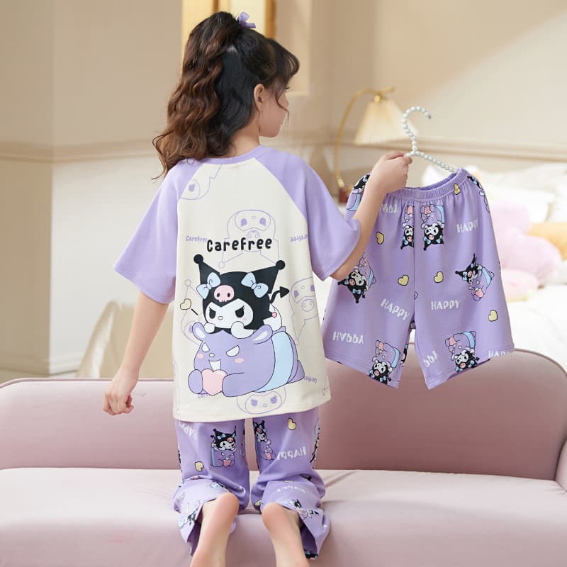 Thin Short Sleeve 3-Piece Set Girls Pajamas Teen 2026 New Summer Cotton Kids Sleepwear