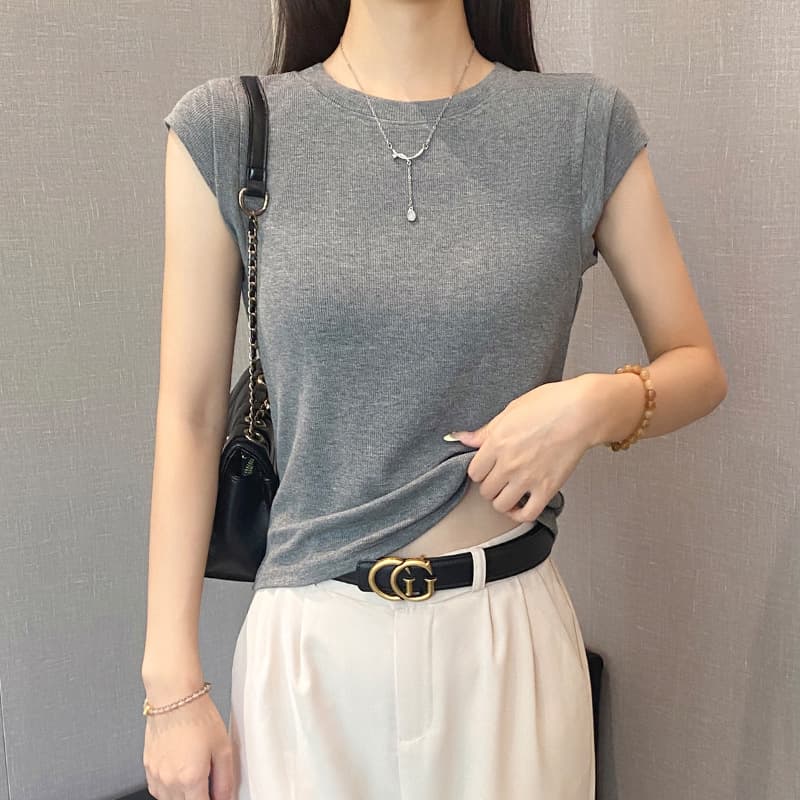2025 New Threaded Round Neck Short Sleeve T-Shirt Women's Summer Slim Fit Base Layer Versatile Slimming Flutter Sleeve Top Trendy