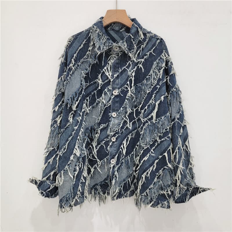 2024 Fall New American Retro Streetwear Loose Frayed Design Niche High Street Denim Jacket for Women