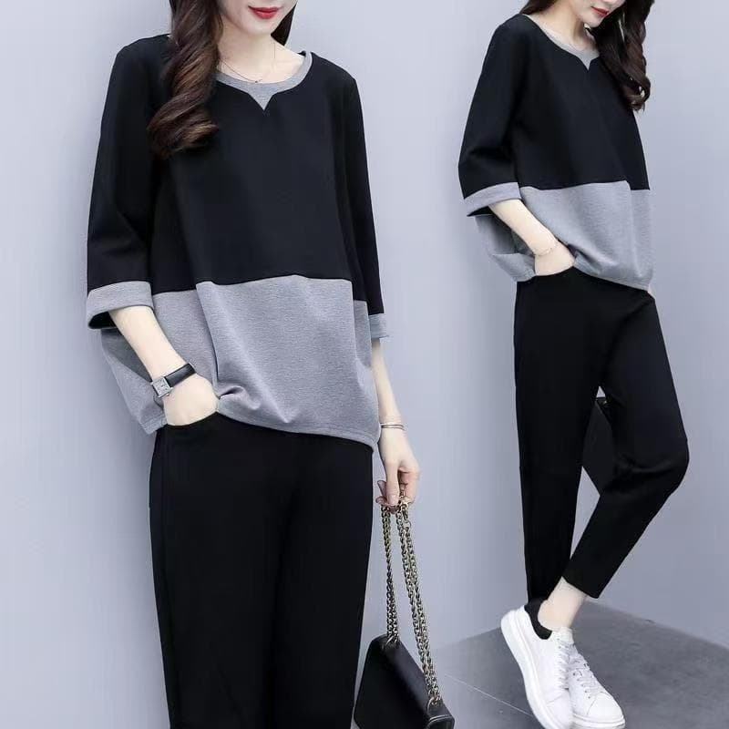 Contrast color large size fashion suit for women summer Korean style casual lazy style loose T-shirt slim leggings two-piece set
