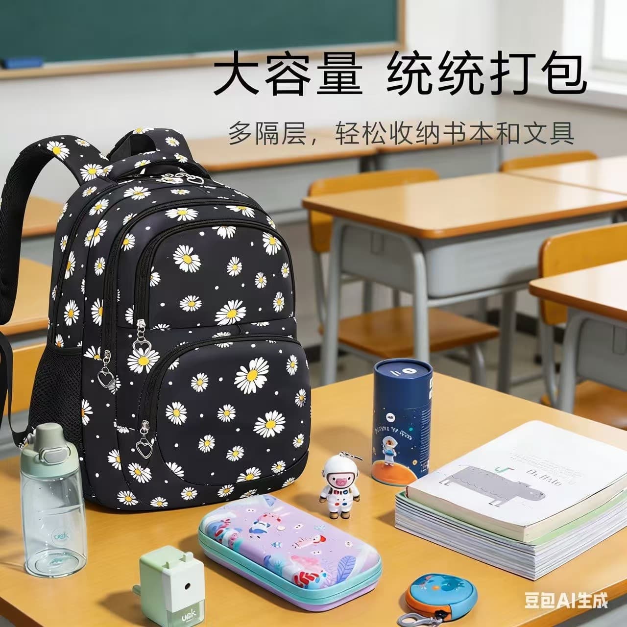 Spot cross-border 2026 popular primary school student chrysanthemum three-piece school bag large capacity water-repellent small daisy backpack