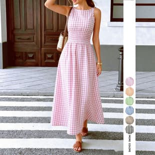 European and American Resort Style Plaid Vest Maxi Dress Women's Waist-Cinching Smocked Ruffle Swing Sleeveless Dress Cross-Border Supply