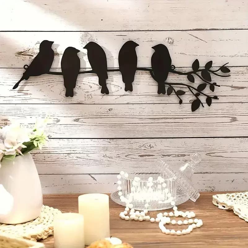 Metal Bird Wall Art 5 Birds on Branch Wall Decoration Leaf Sculpture Bird Silhouette for Cross-Border Independent Station