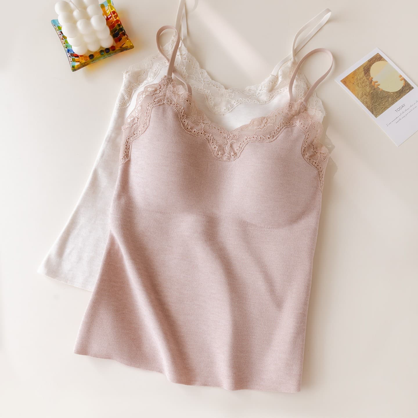 Pure and Delicate Lace Trim Camisole Top for Women, Warm with Built-in Padded Bra, Slightly Brushed Finish, Autumn Layering or Outerwear