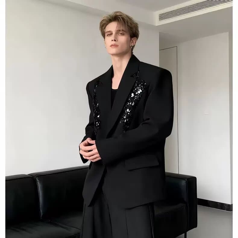 Light luxury sequin embroidery design shoulder pad black suit jacket for men, high-end and handsome silhouette trendy suit top