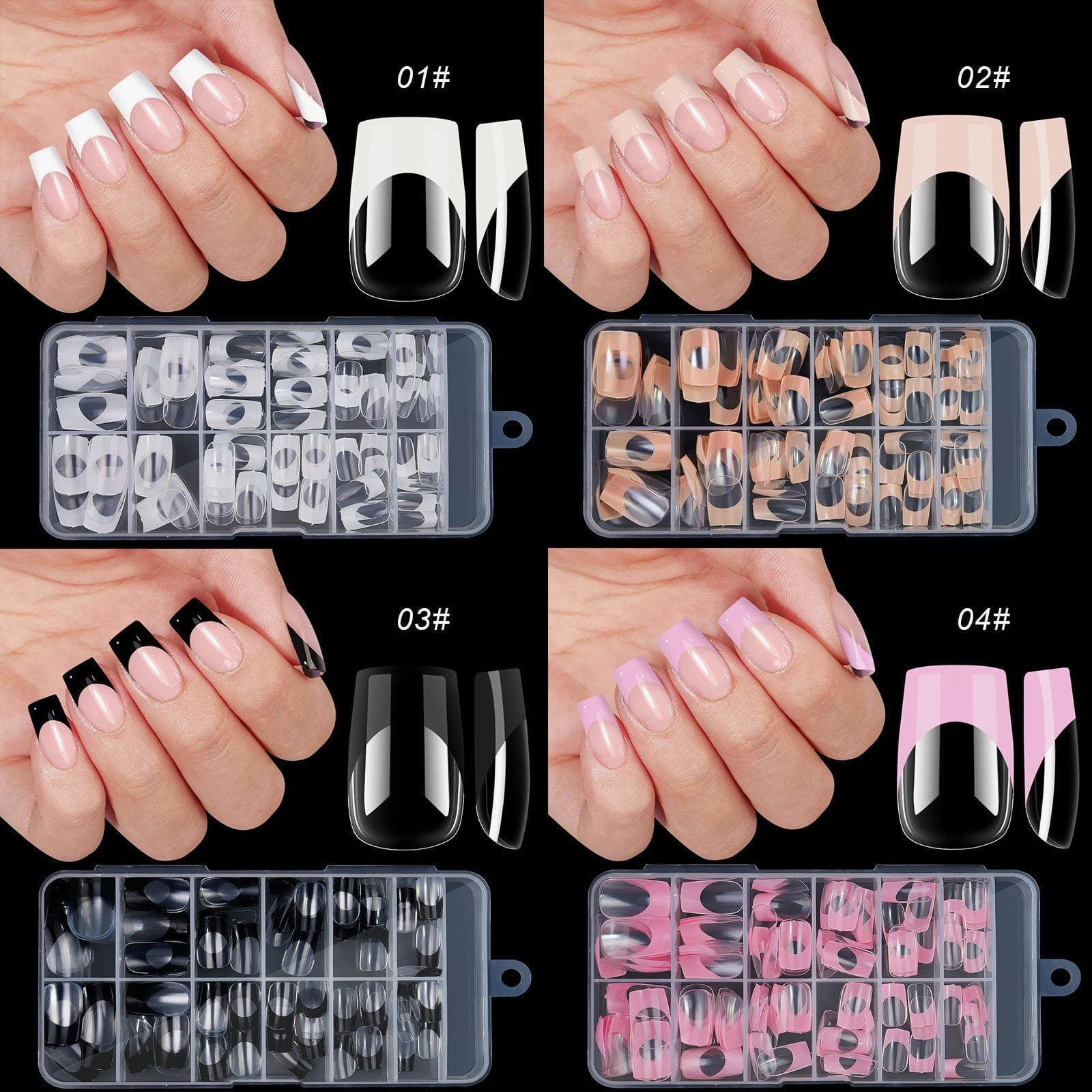 Wholesale 120 Count Almond Full Cover Gel Artificial Armor Nails Square Press French Tip White Transparent ABS