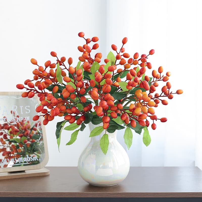 Artificial 3-Branch Christmas Holly Berry Olive Fruit Acacia Bean Home Wedding New Year Decoration Red Berry Plant Fake Flower Photography