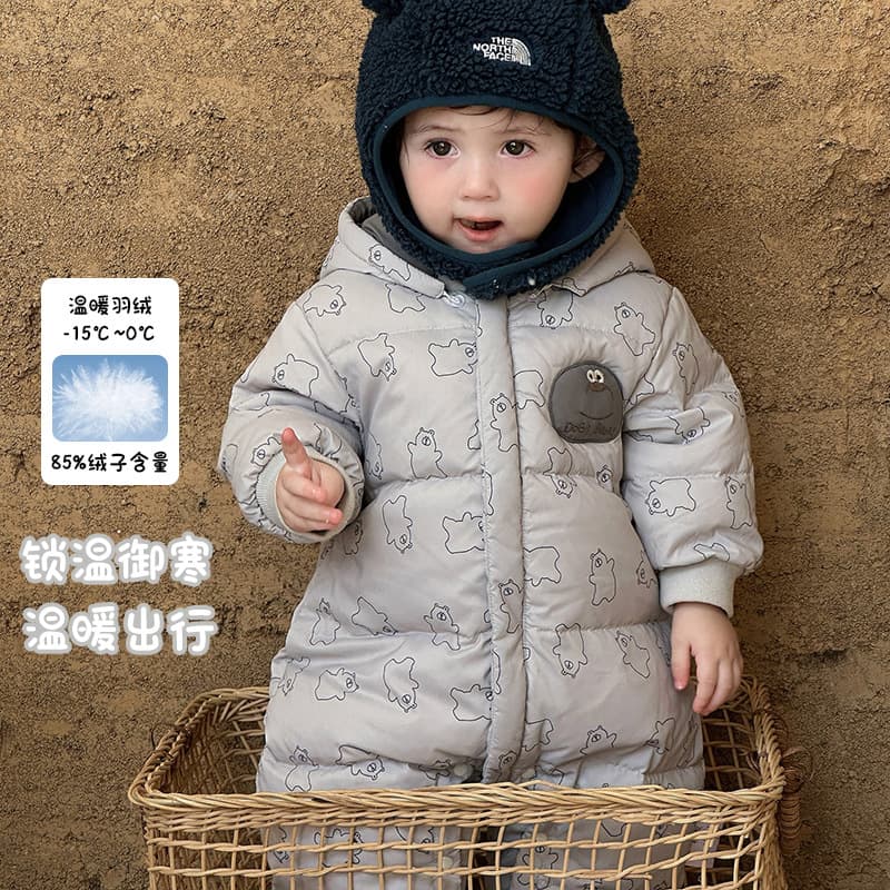 Baby Hooded Down Jumpsuit, Warm Winter Infant Open-Crotch Romper with 90% White Duck Down, Category A