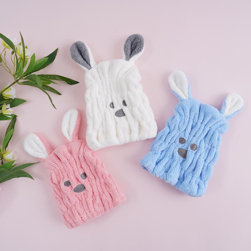 Coral fleece rabbit ear children's quick-dry hair towel, absorbent fast-drying cap, hair wrap wholesale, thickened soft and comfortable.