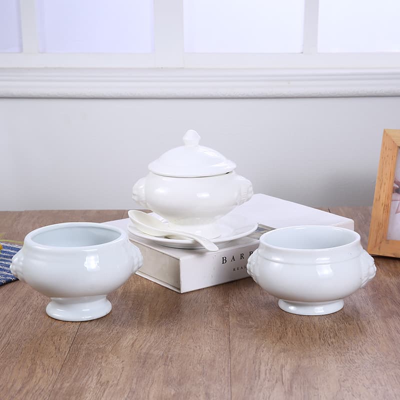 High-Temperature Puff Pastry Soup Bowl, Cream Soup Baking Bowl, Double-Handle Soup Tureen, Lion Head Western-Style Ceramic White Lion Head Tureen