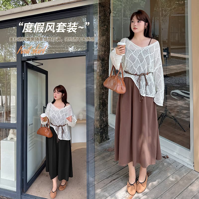 Bohemian Style Lace Knit Overlay Set with 2025 Autumn Curvy MM Spaghetti Strap Dress Two-Piece 313022T22