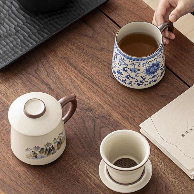 Ru Kiln Ceramic Filter Tea Cup Office Cup with Lid, Tea Water Separation, Personal Use Logo